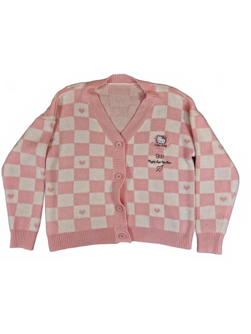 Hello Kitty Pink Checkered Heart Knit Cardigan Sweater